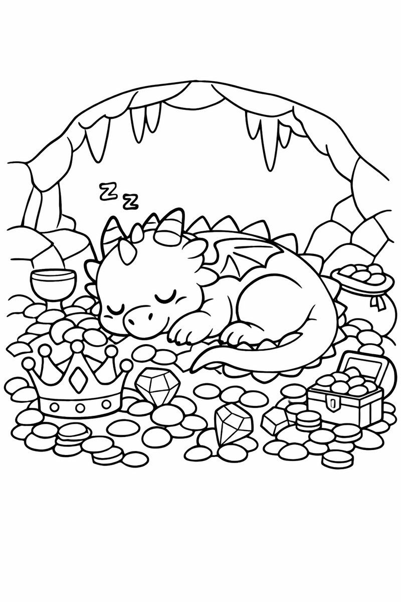 A sleepy dragon curled up on a pile of coins, gems and a crown inside a cozy cave coloring page