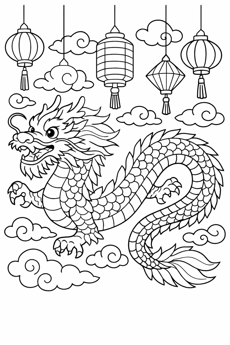 A long Chinese parade dragon with a flowing mane and whiskers dancing between swirling clouds and hanging lanterns coloring page