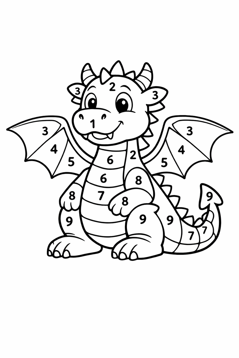 A friendly dragon divided into numbered sections across its body and wings ready to be filled in by a color key color by number coloring page