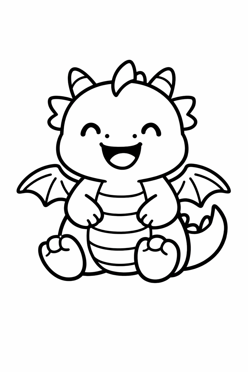 A very simple chubby baby dragon with tiny wings and a big smile, extra thick lines, easy for toddlers coloring page