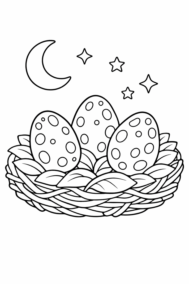 Three speckled dragon eggs nestled in a round twig nest lined with soft leaves under a crescent moon coloring page