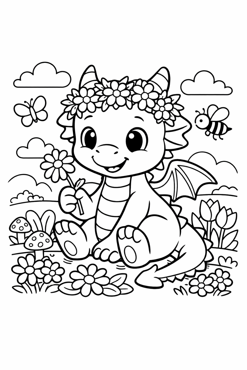 A sweet dragon sitting in a spring garden wearing a woven flower crown and holding a single daisy in one claw coloring page