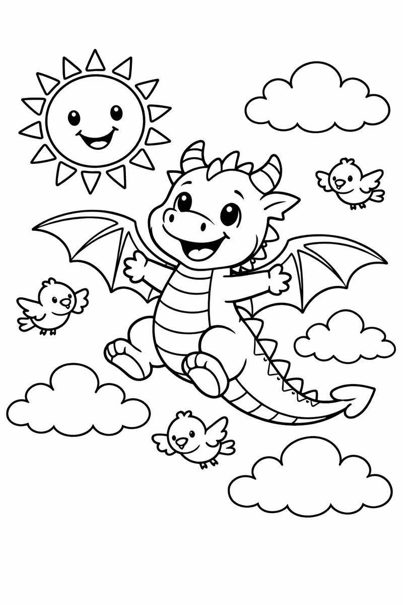 A happy dragon flying high among puffy clouds with a smiling sun and little birds coloring page