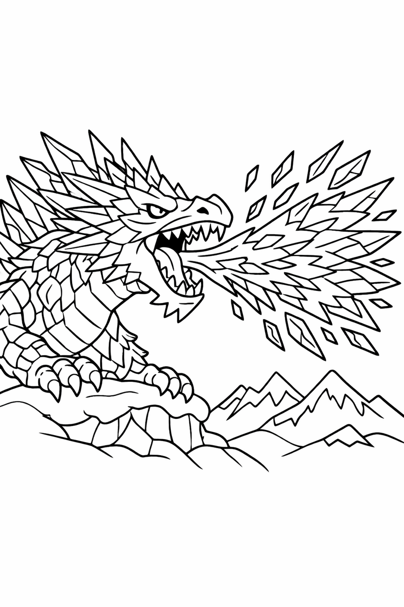 A fierce ice dragon covered in sharp crystalline spikes and frosty jagged scales breathing a cone of frozen shards over a snowy ridge coloring page
