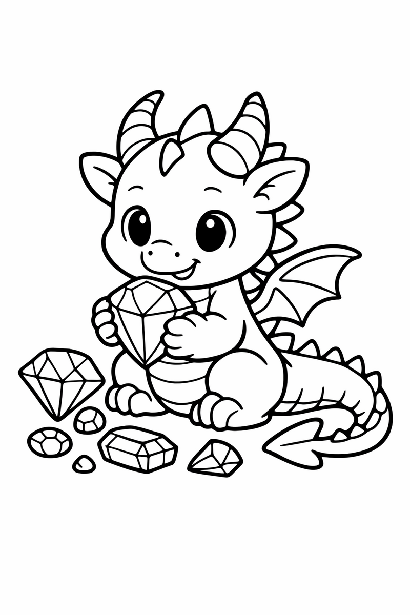 A small purple dragon with two curved horns, a spiked back and little butterfly wings holding a shiny gem in its claws with more gems scattered around coloring page