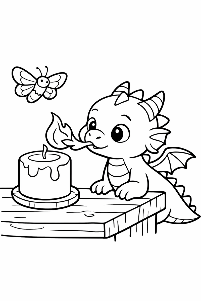 A little dragon breathing one small gentle flame to light a fat candle on a wooden table with a moth fluttering nearby coloring page