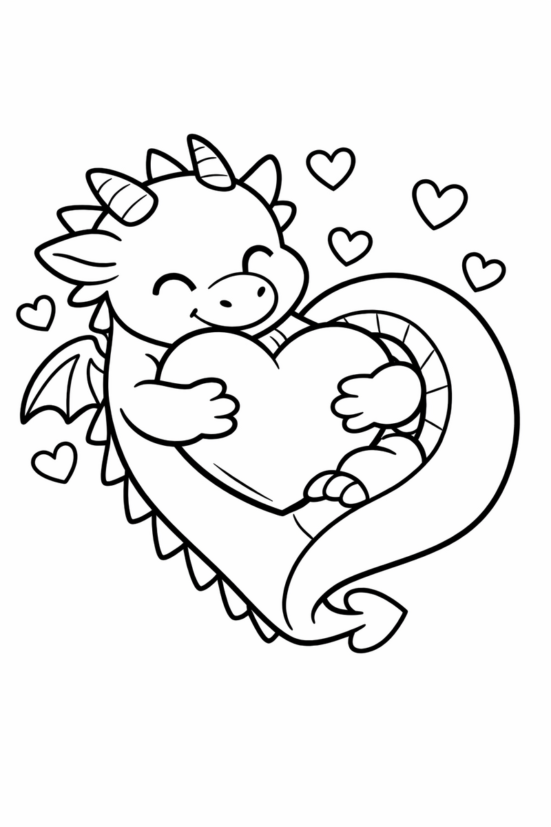 A loving dragon curled into the shape of a heart hugging a big plump heart against its chest with tiny hearts floating around coloring page