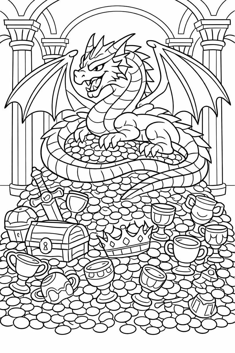 A huge mighty winged dragon coiled on top of a towering mountain of gold coins, goblets and cups inside a vast pillared hall in a smaug style coloring page