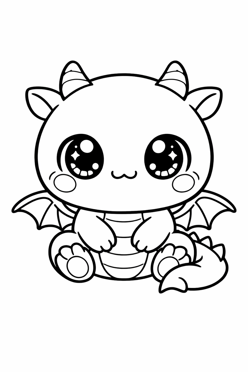A round chibi kawaii dragon with a huge head, big sparkly eyes, stubby wings and rosy cheeks sitting with its tiny tail curled coloring page