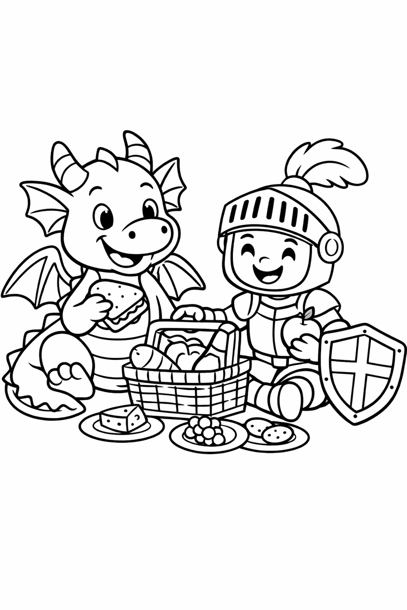 A friendly dragon and a smiling knight in armor sitting together sharing a picnic basket with a shield leaning at their side coloring page