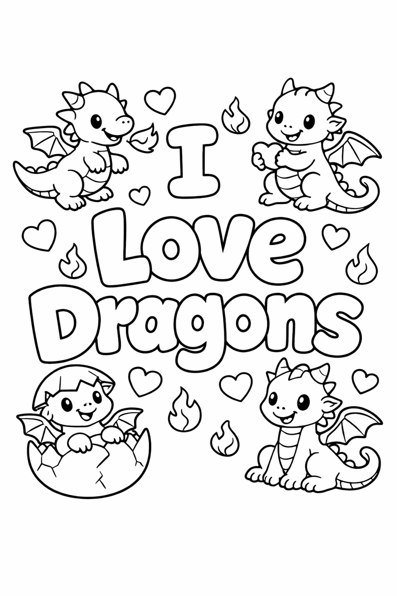 Chunky bubble letters spelling I Love Dragons surrounded by little cartoon dragons, hearts and tiny flames coloring page