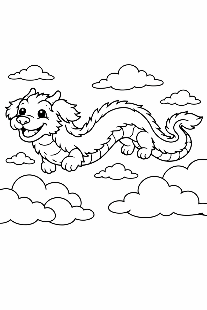 A long fluffy white flying dragon with a friendly dog-like face, no wings and a rippling body soaring over drifting clouds in a luck dragon style coloring page
