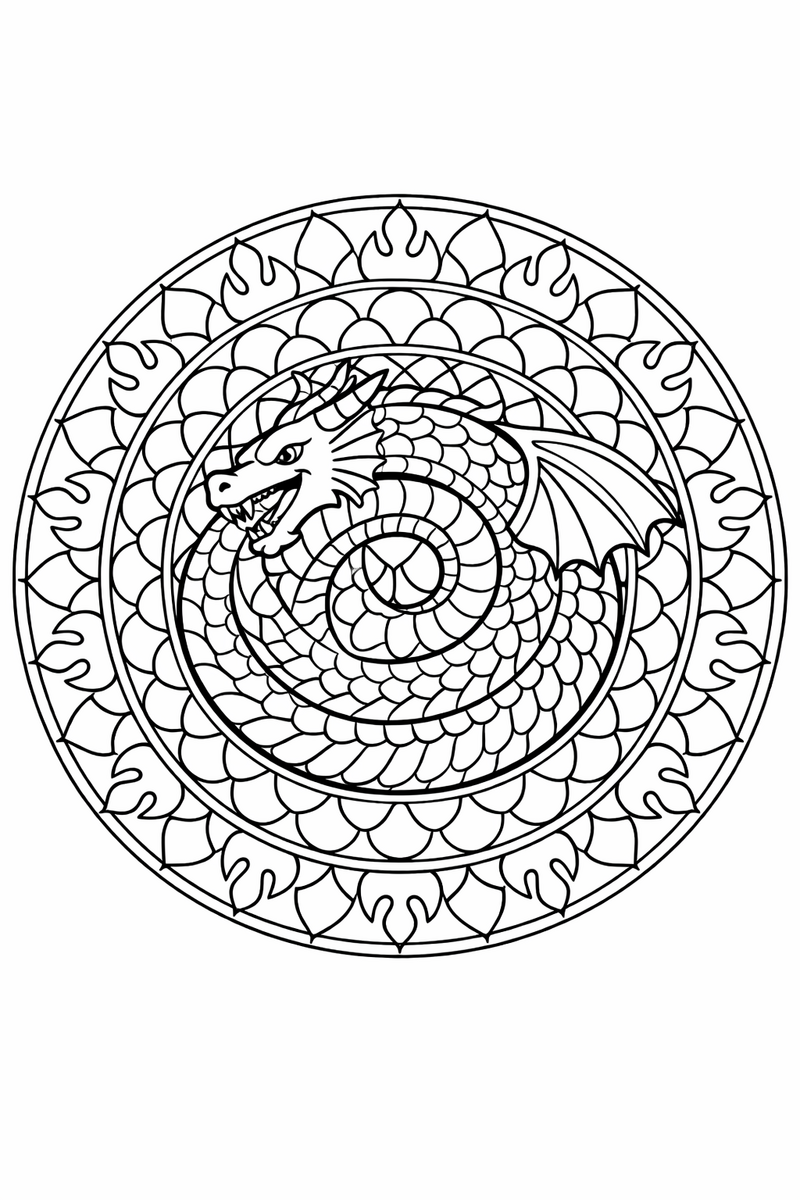 A symmetrical dragon mandala with a coiled dragon framed by radiating rings of scales, flames and swirls in a perfect circle coloring page
