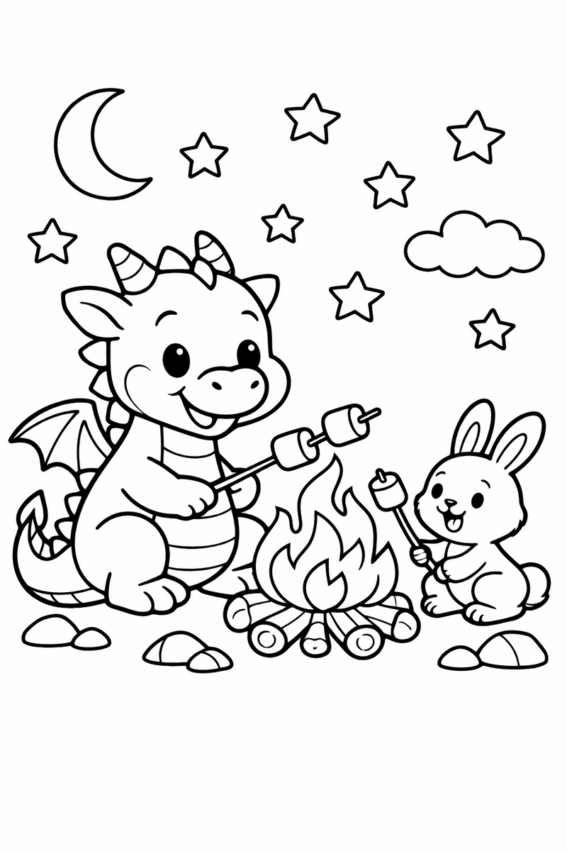 A friendly dragon roasting marshmallows over a campfire with a little bunny friend under a starry night sky coloring page