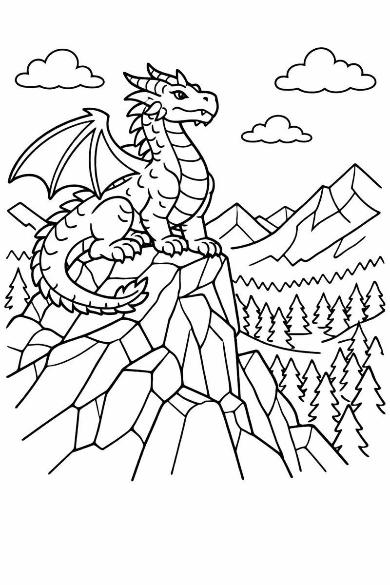 A proud dragon perched on a jagged mountain peak with wings half spread gazing across a deep valley of pointed pines coloring page