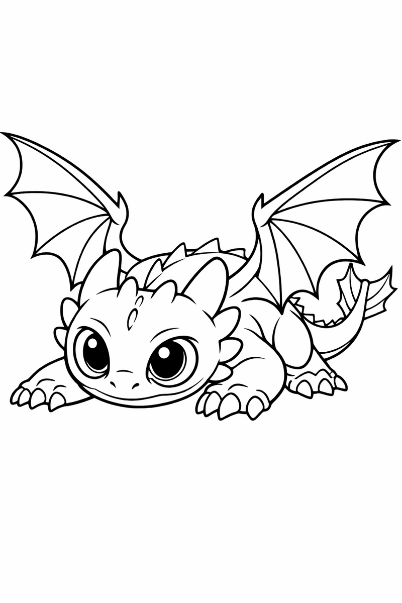 A sleek friendly black night dragon with big round eyes, smooth scaleless skin and wide bat wings crouched low ready to leap in a night fury style coloring page