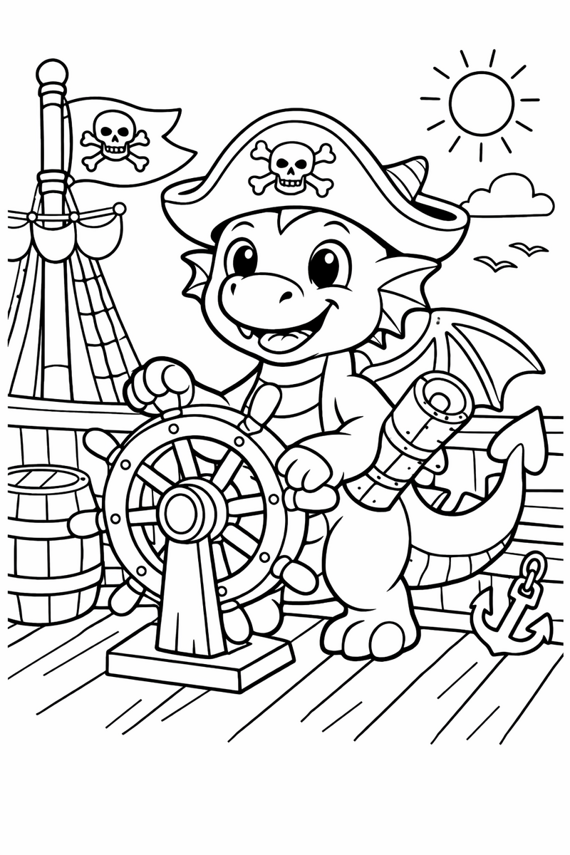 An adventurous dragon standing at the wheel of a wooden pirate ship with a tricorn hat and a treasure map rolled under one wing coloring page