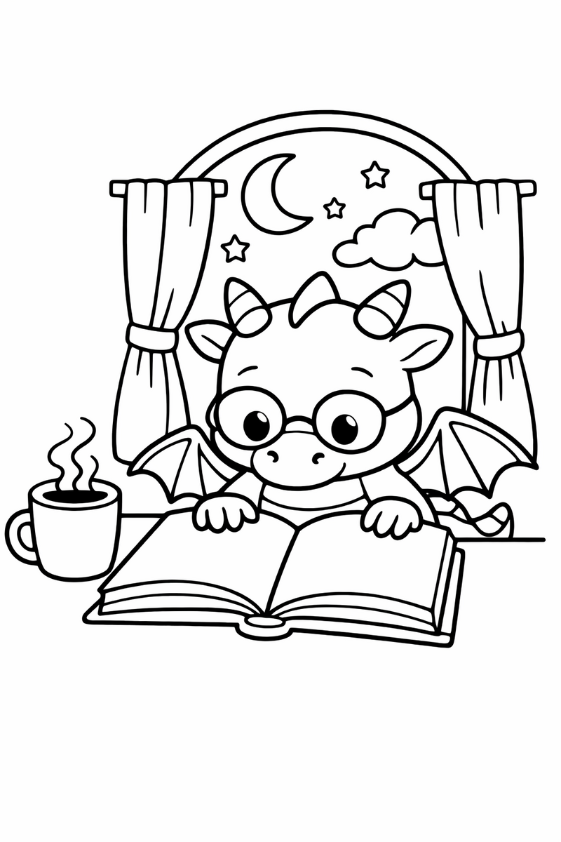 A cozy dragon wearing round glasses reading a big open storybook by a window with a cup of tea steaming beside it coloring page