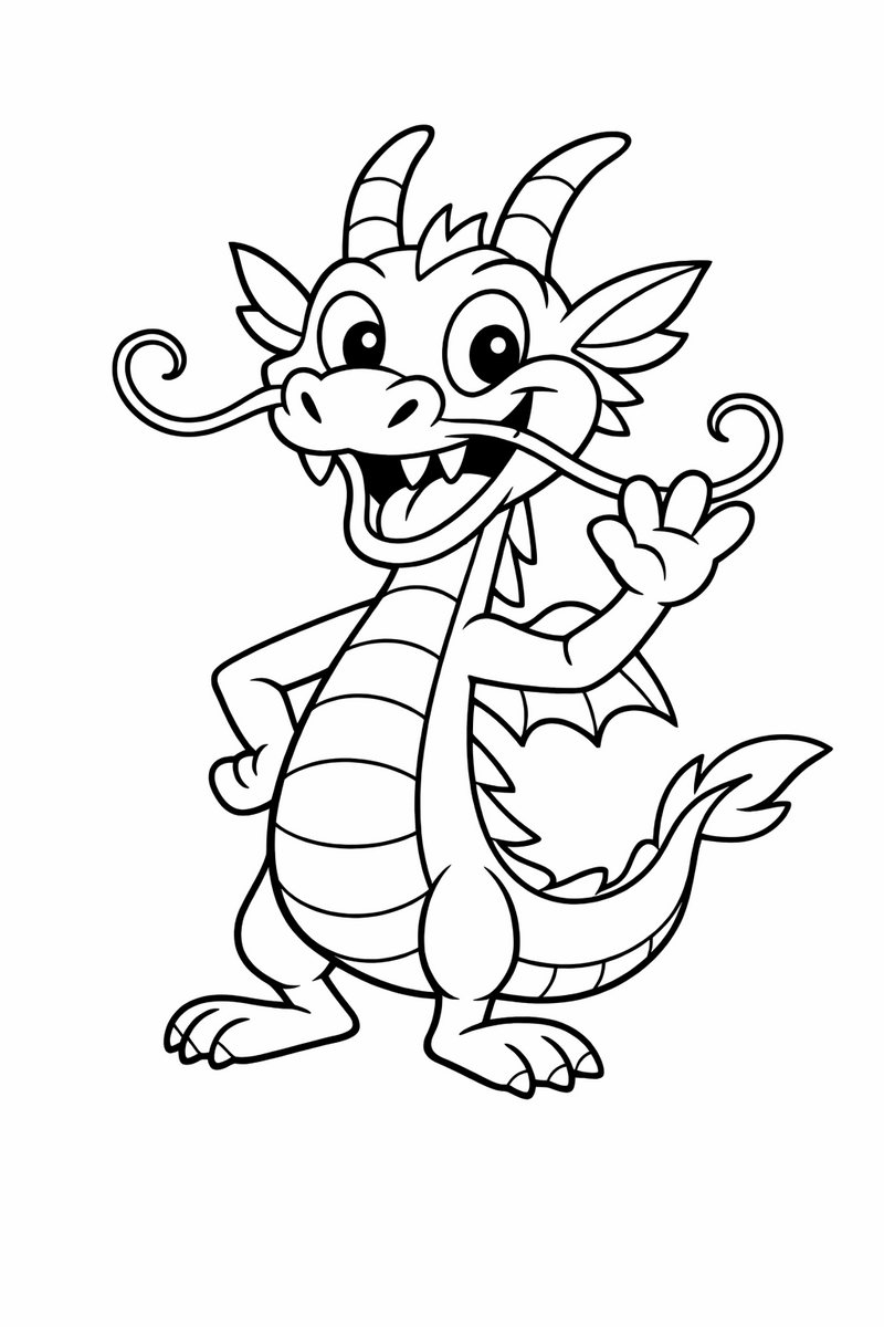 A small skinny red comic dragon with long curling whiskers, tiny arms and a wide grin standing on its hind legs waving in a helper sidekick style coloring page