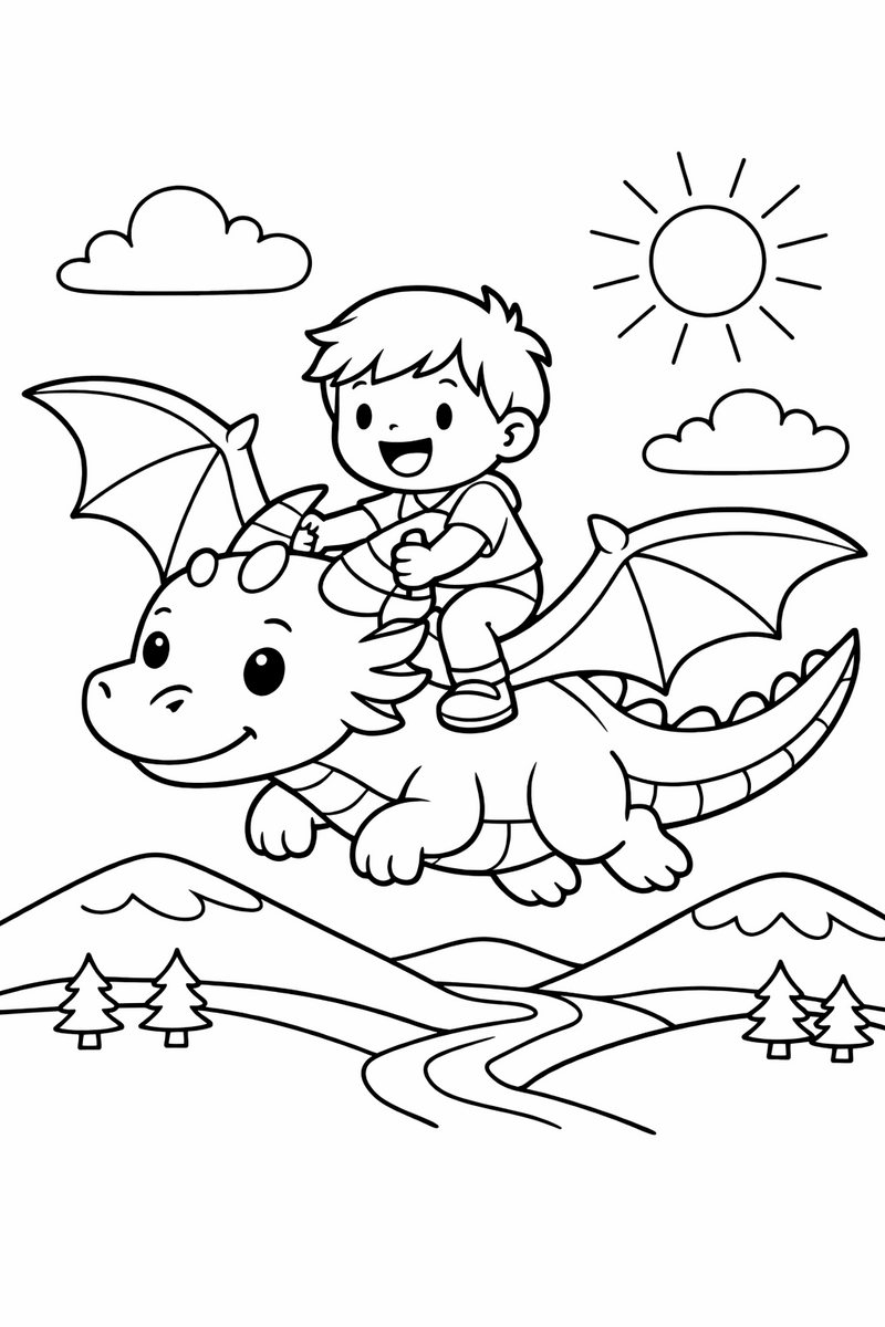 A happy child riding on the back of a gentle dragon soaring over rolling hills holding on to two curved spines coloring page