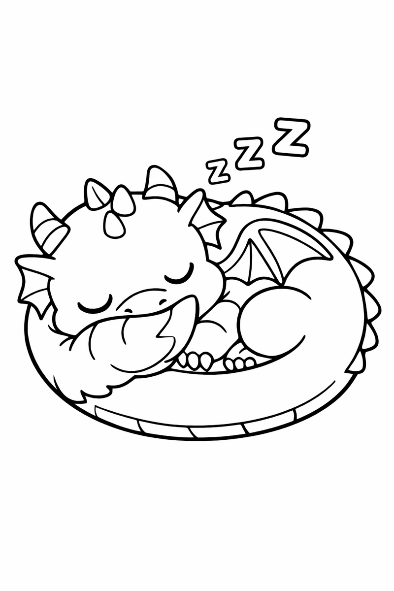A cute baby dragon curled into a cozy circle fast asleep with its tail tucked over its nose and tiny zzz floating above coloring page