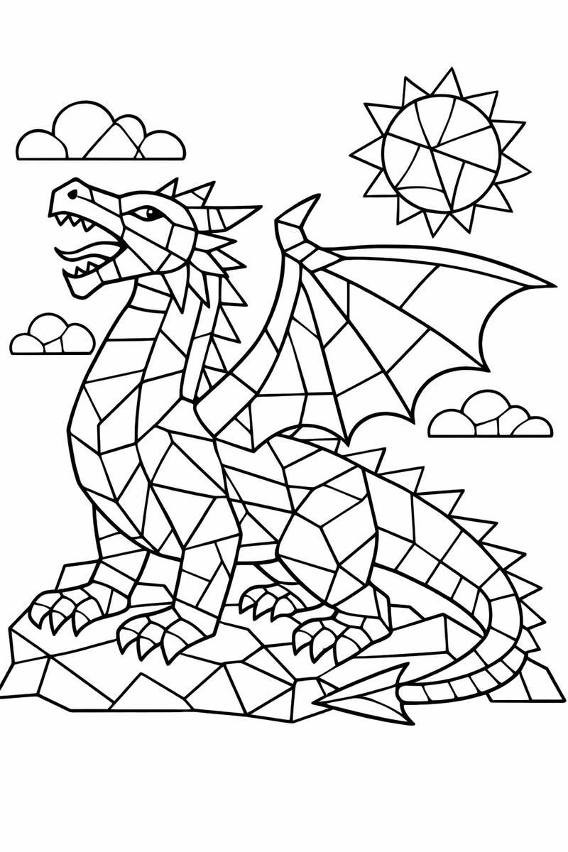 A majestic dragon built from bold geometric segments like a stained glass window with thick black leading between every colored pane coloring page