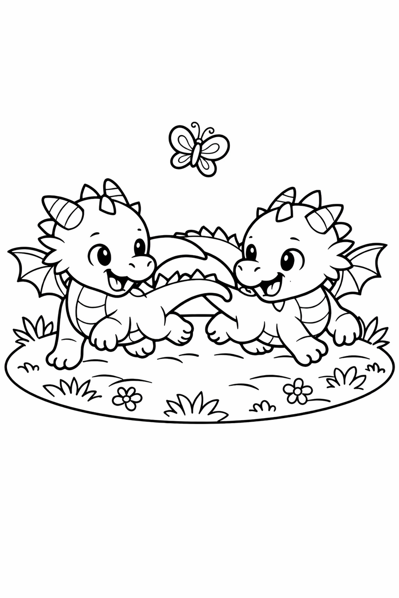 Two baby dragons playing together chasing each other in a circle nose to tail on a grassy patch with a butterfly overhead coloring page