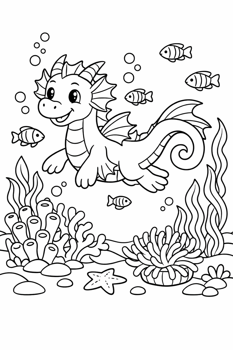 A friendly water dragon with fins and a curling tail gliding through a coral reef past little fish and swaying seaweed coloring page