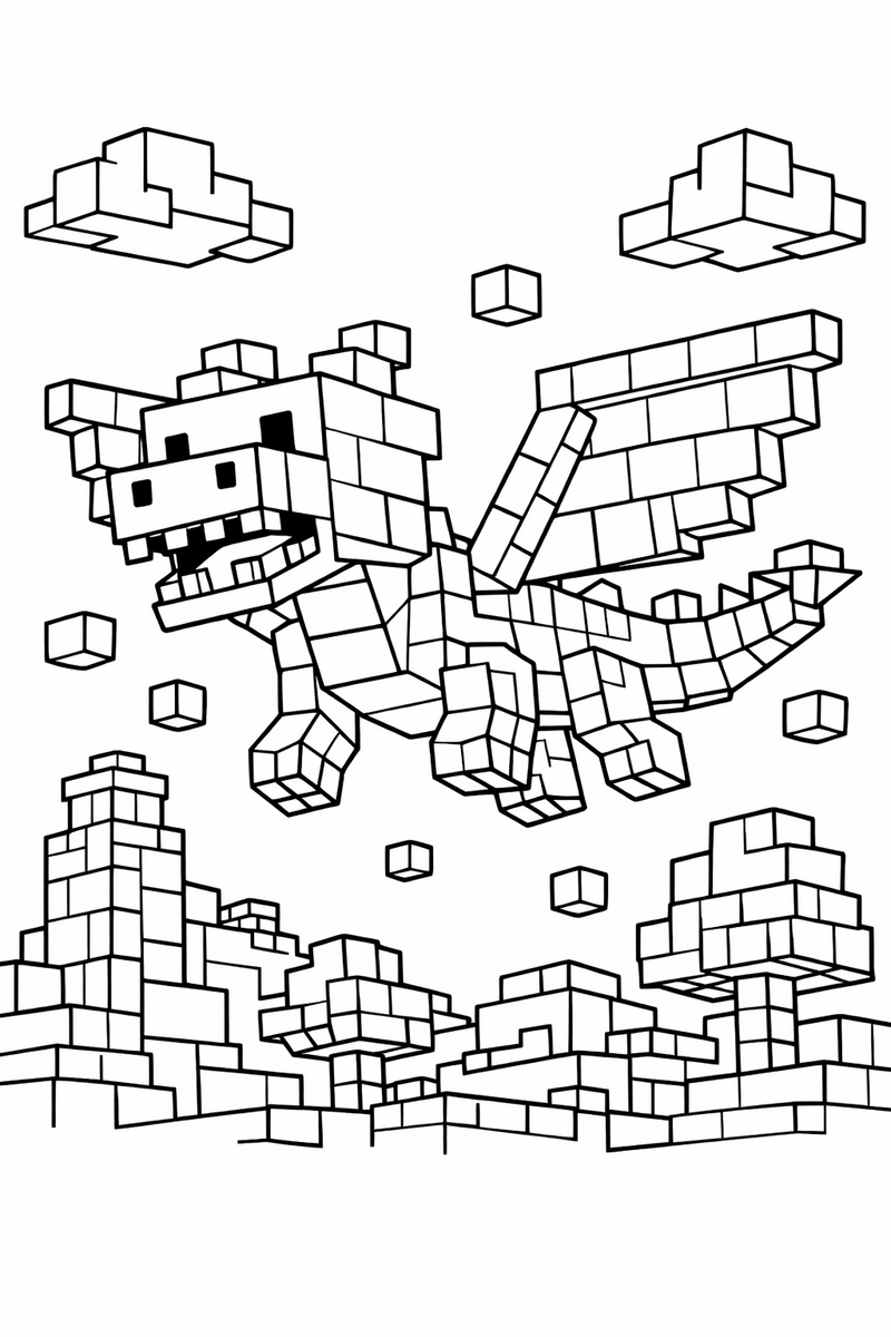 A big blocky dragon made entirely of cubes and pixels with square wings and a boxy head flying through a cubic world in a voxel ender style coloring page