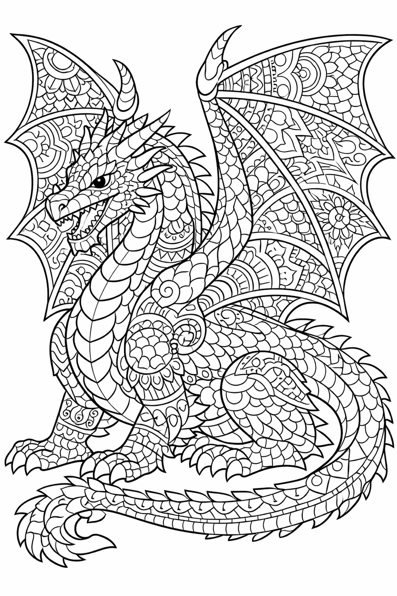An intricate dragon with detailed patterned wings and rows of decorated scales filling the whole page, for older colorists coloring page