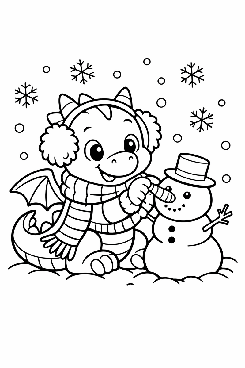 A cheerful dragon bundled in a long knitted scarf and earmuffs building a small snowman while snowflakes drift down coloring page