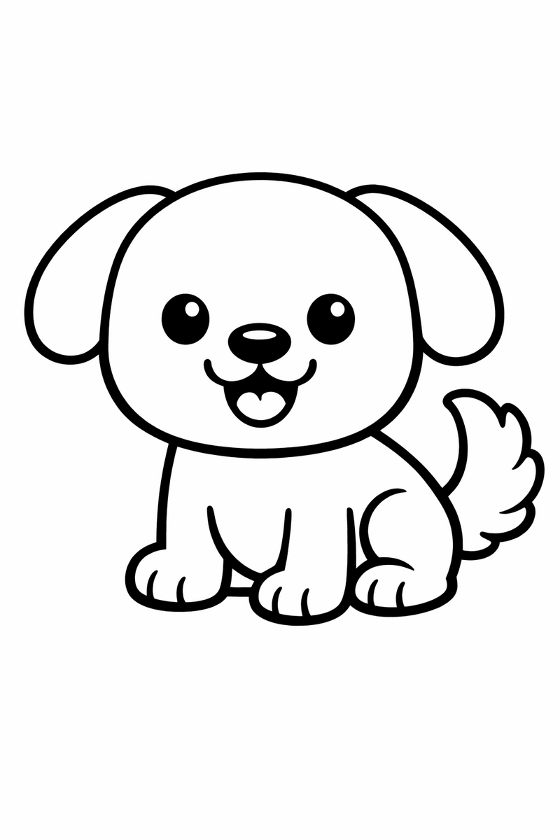 A very simple happy round-headed cartoon puppy with floppy ears and a fluffy tail face with extra thick outlines for toddlers coloring page