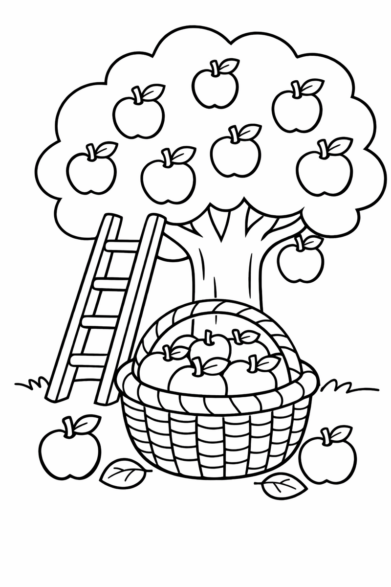 A big basket of apples under an apple tree with a wooden ladder leaning against the trunk coloring page