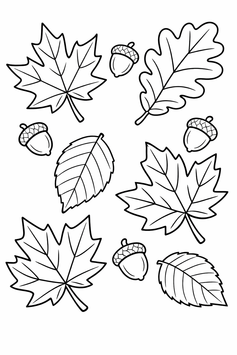 A collection of big autumn leaves of different shapes, maple, oak and birch, arranged across the page with acorns between them coloring page
