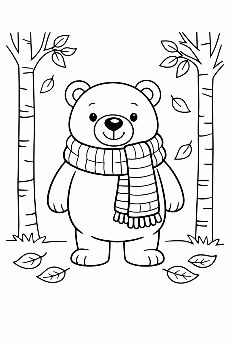 A round friendly bear wearing a long knitted scarf standing between two slim trees with falling leaves coloring page