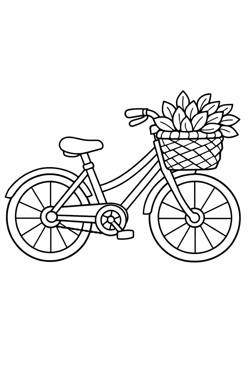 A side view bicycle with a woven front basket overflowing with leaves and two round wheels coloring page
