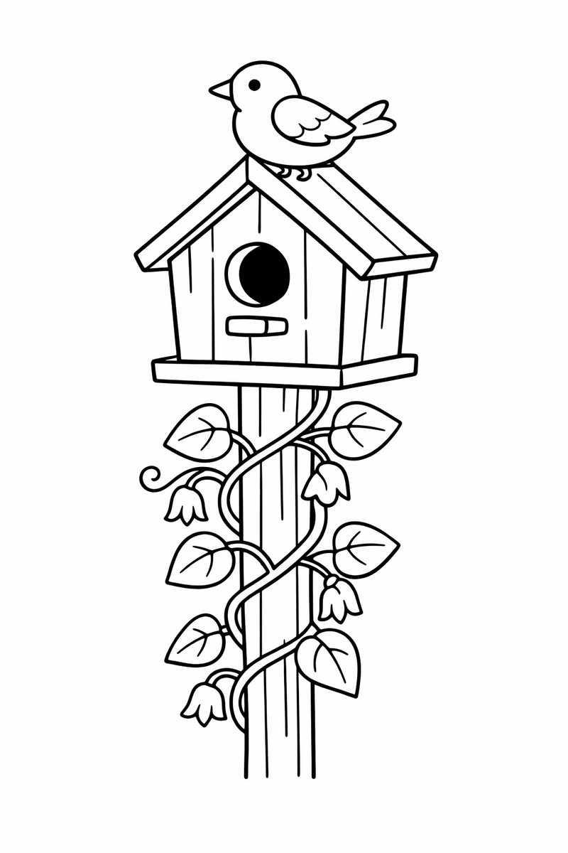 A small wooden birdhouse on a post with a climbing vine and a little bird perched on its roof coloring page