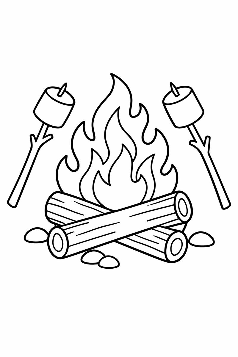 A small campfire of crossed logs with curling flames and two marshmallows on long sticks coloring page