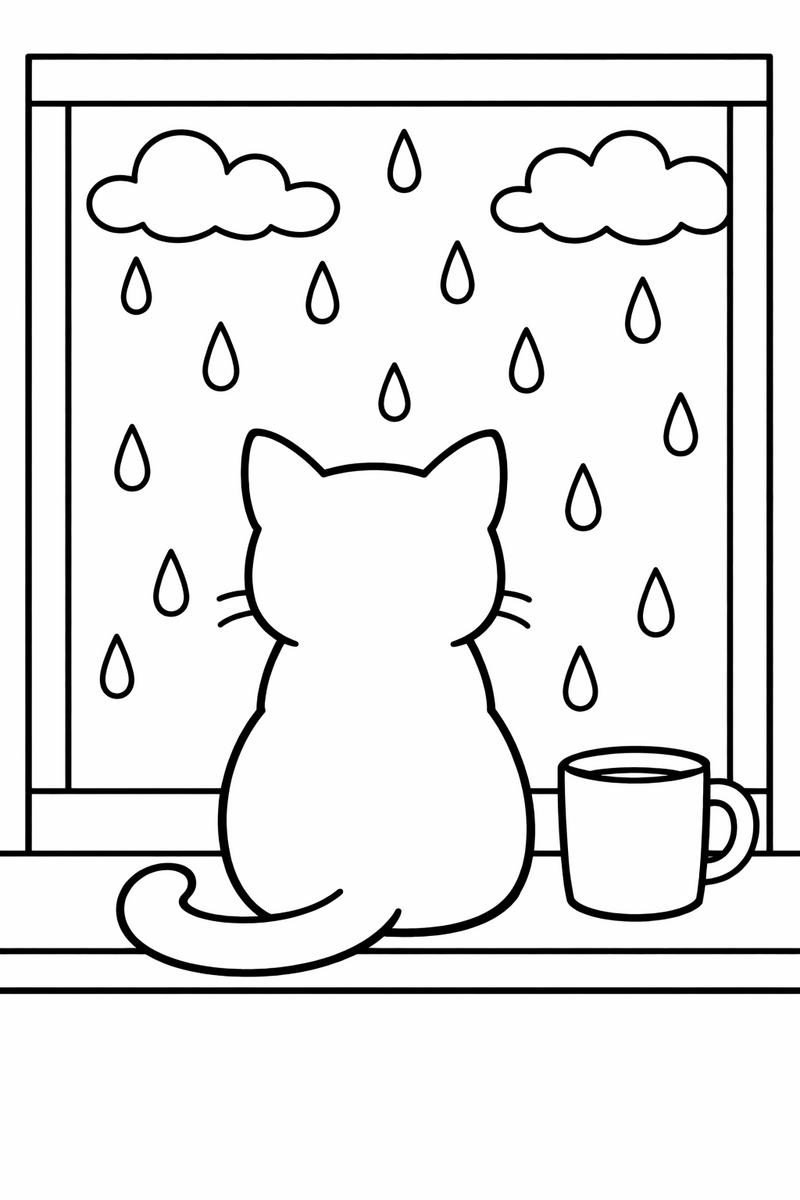 A cat sitting on a windowsill seen from inside looking out at raindrops with a mug beside it coloring page