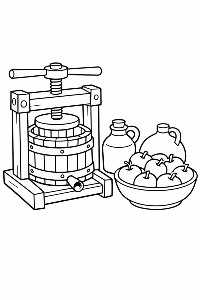 An old wooden cider press with a screw handle beside two round jugs and a bowl of apples coloring page