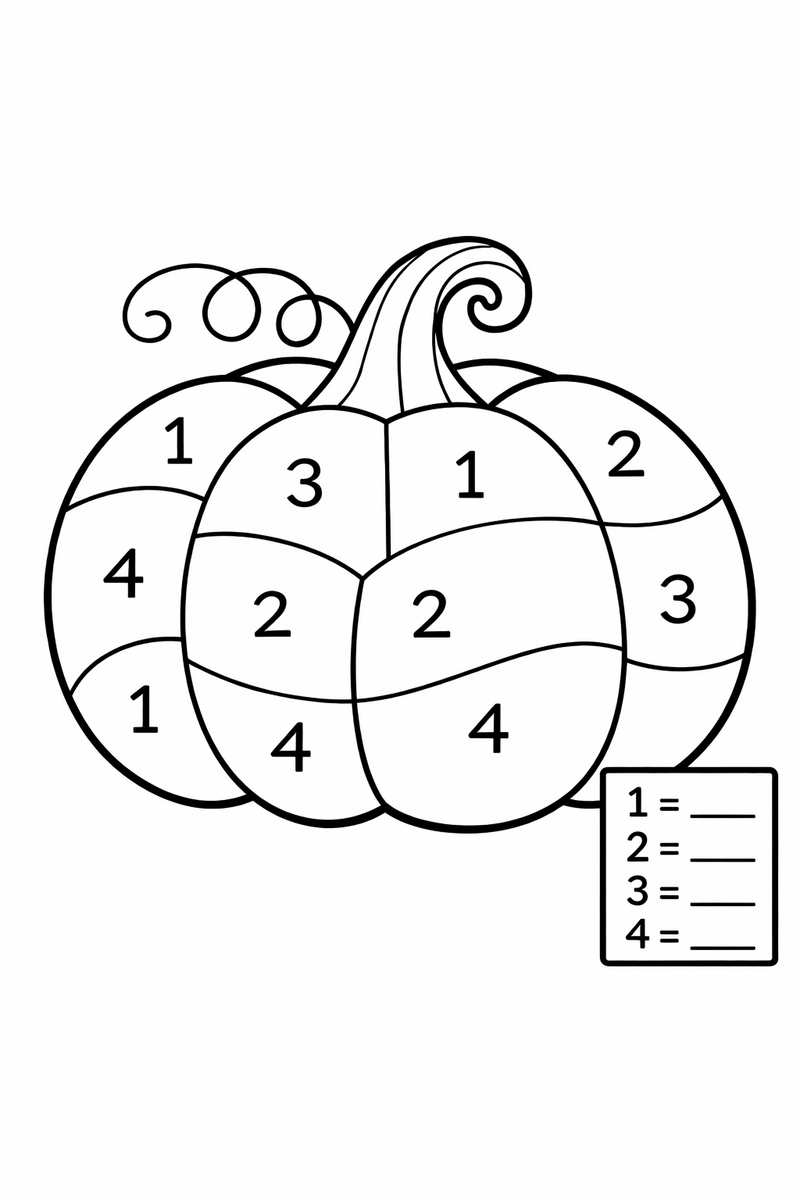 A plump pumpkin with curling stem divided into numbered regions with a small number key box coloring page