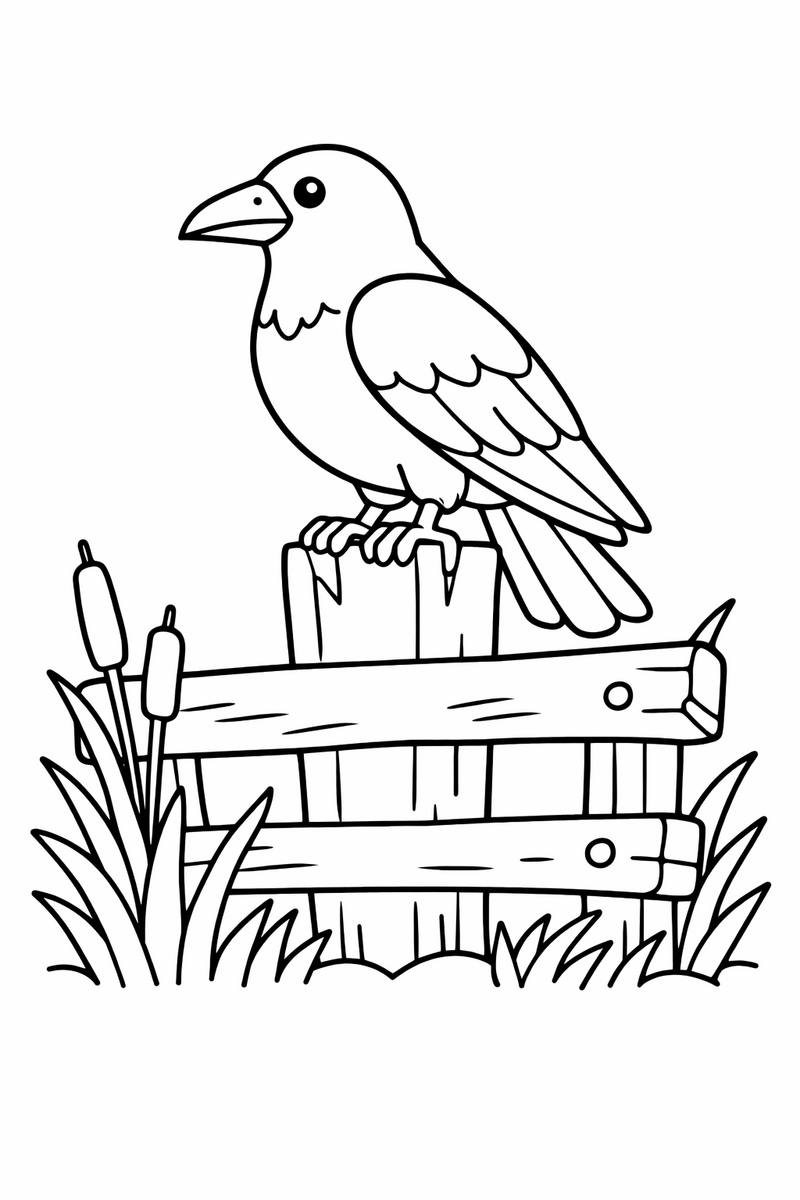 A crow with folded wings perched on a weathered fence post with two rails and tall grass coloring page