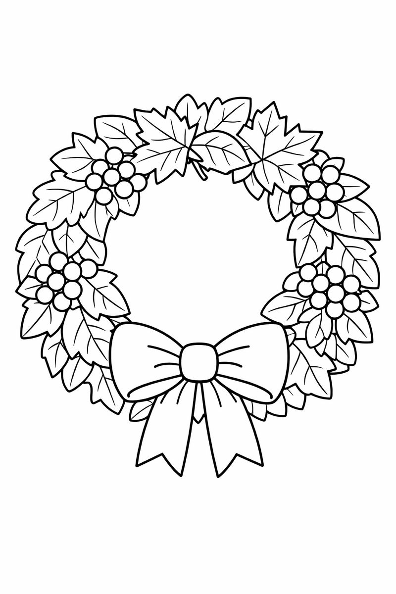 A round autumn wreath of layered leaves and berry clusters tied with a wide bow coloring page