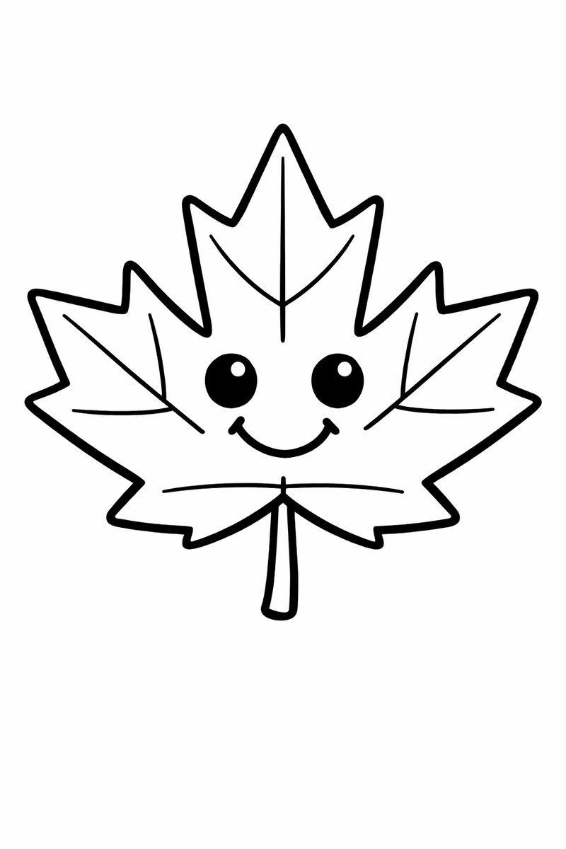 A very simple big maple leaf with a happy smiling face, extra thick lines, easy for toddlers coloring page