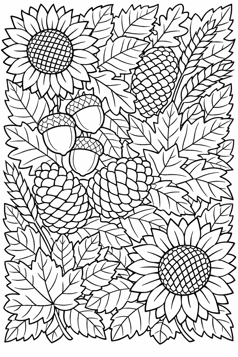An intricate autumn arrangement of detailed leaves, acorns, pinecones, wheat and sunflowers filling the whole page, for older colorists coloring page