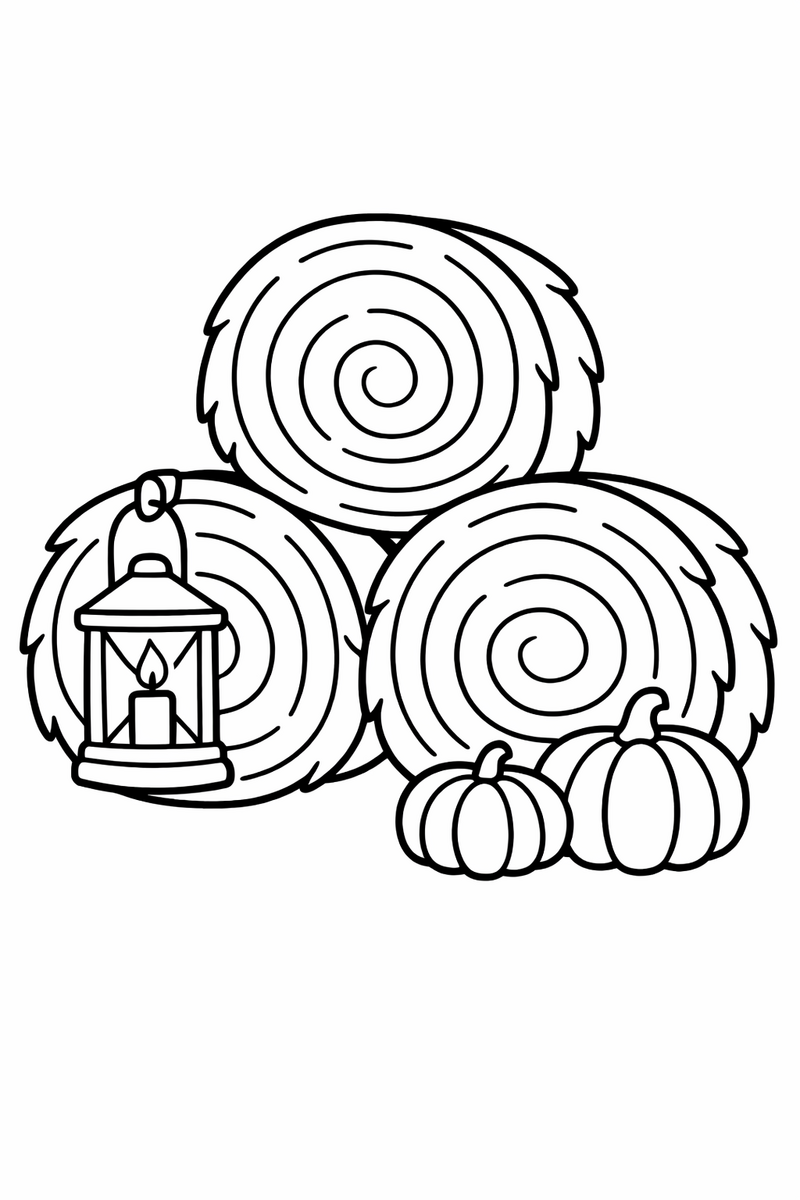 Three stacked round hay bales with a hanging lantern and two small pumpkins at their base coloring page