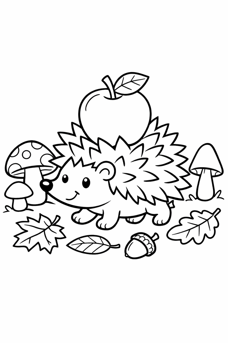 A cute hedgehog carrying an apple on its spiky back, walking among mushrooms and fallen autumn leaves coloring page