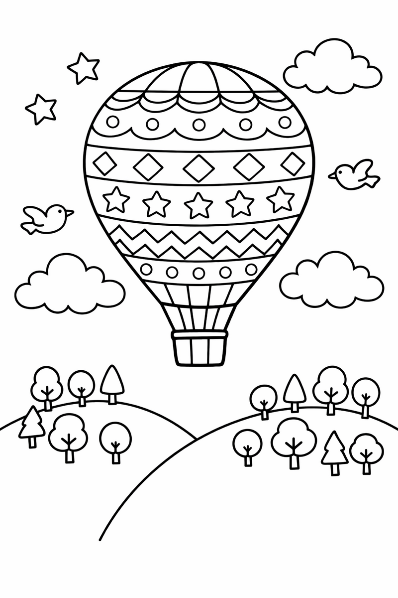 A patterned hot air balloon drifting above two rounded hills dotted with small trees coloring page