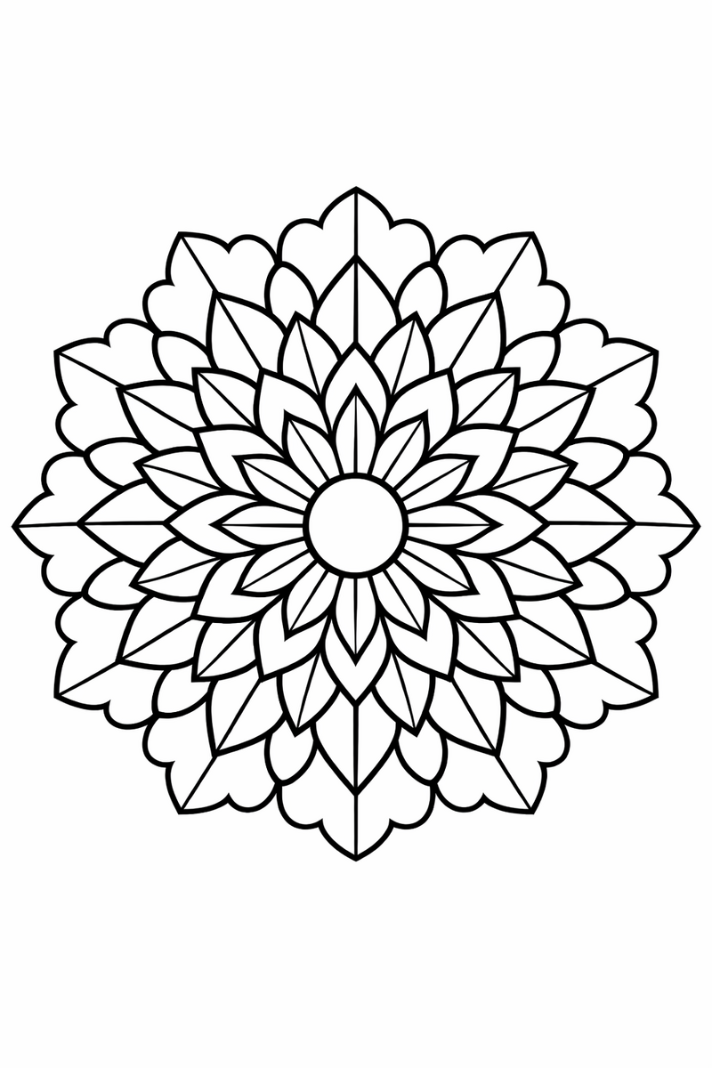 A circular mandala built from rings of pointed and lobed leaves radiating from a small round center coloring page