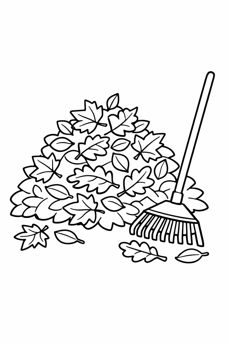 Leaf Pile with a Rake coloring page